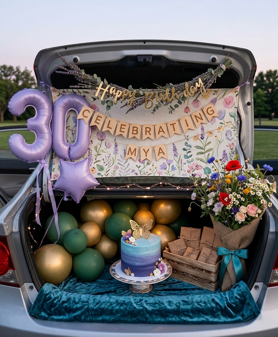 30th birthday car trunk with floral banner and green balloons