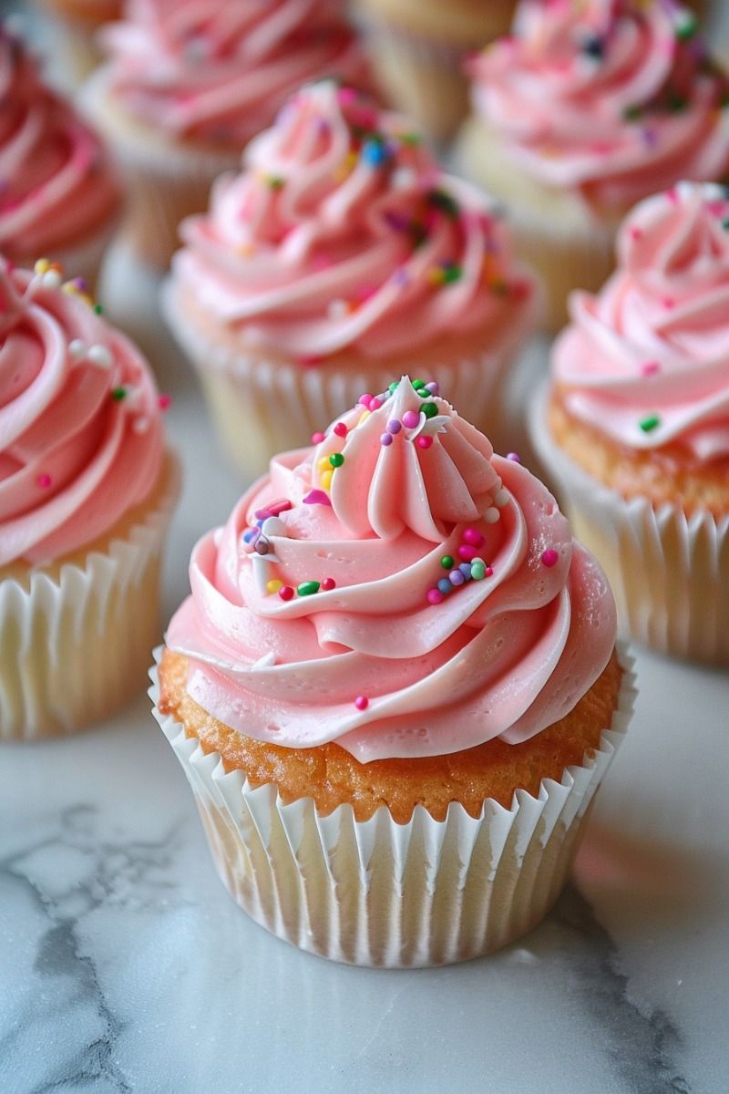 Pink frosted cupcakes with rainbow sprinkles
