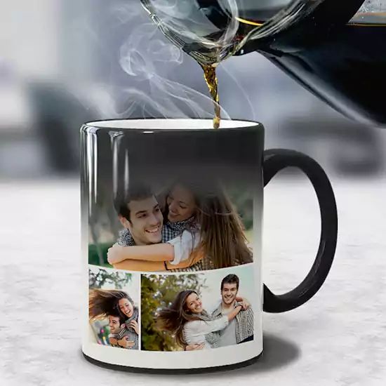 Personalized magic photo mug pouring coffee