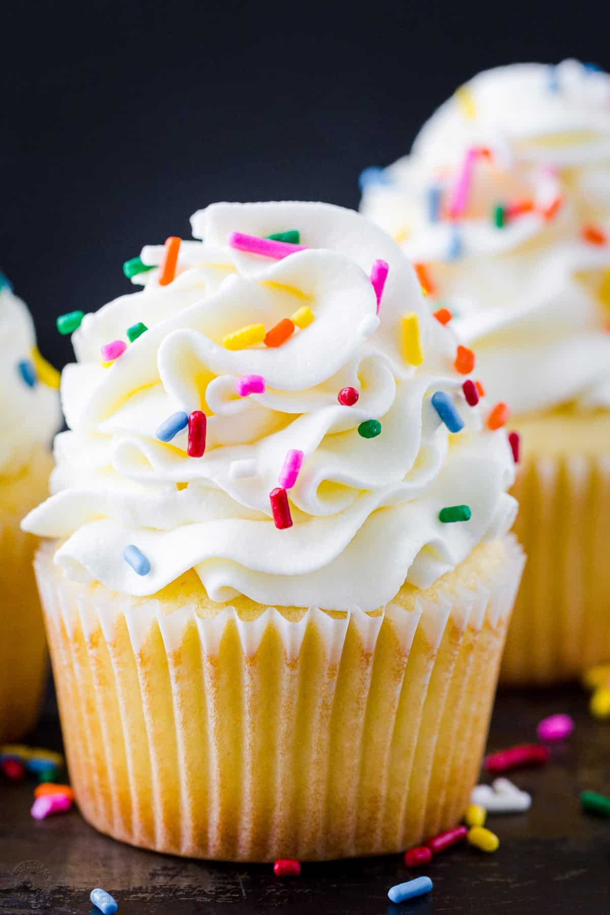 Vanilla cupcake with white frosting and colorful sprinkles